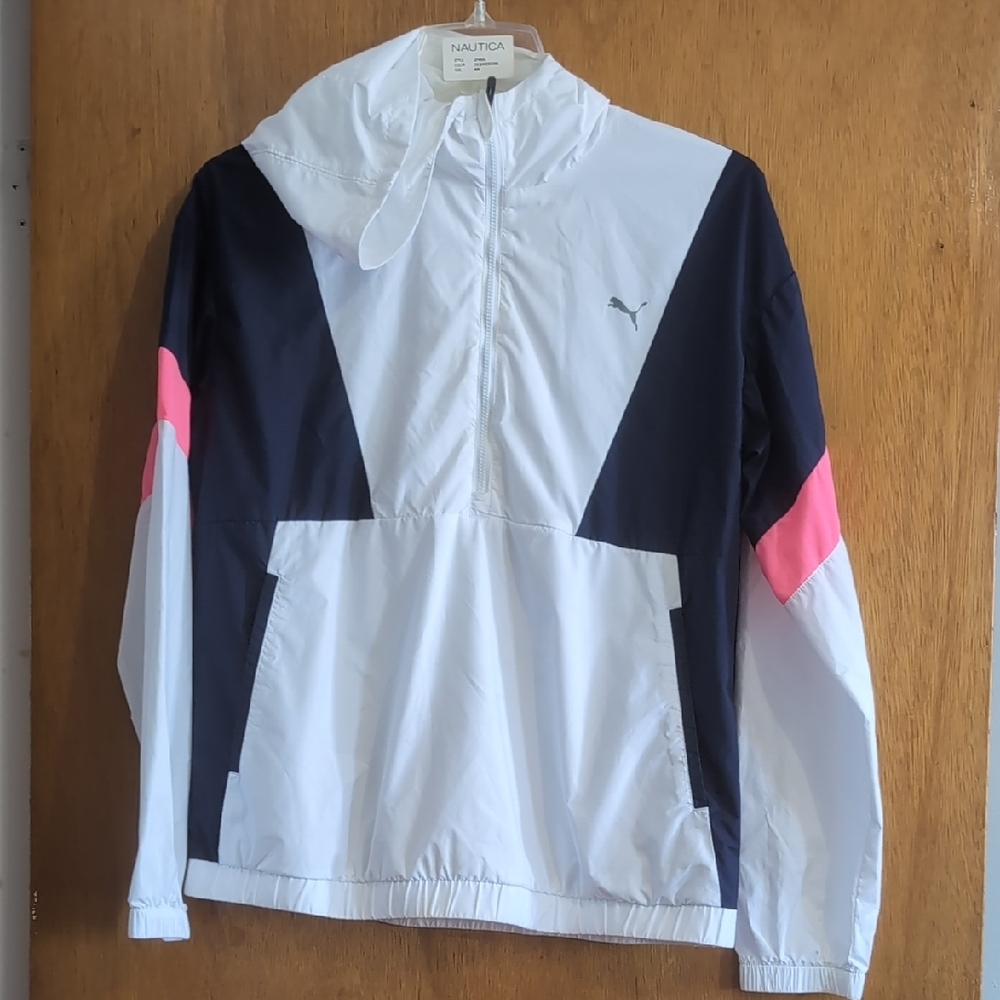 Puma White and Navy Windbreaker with Pink Accents